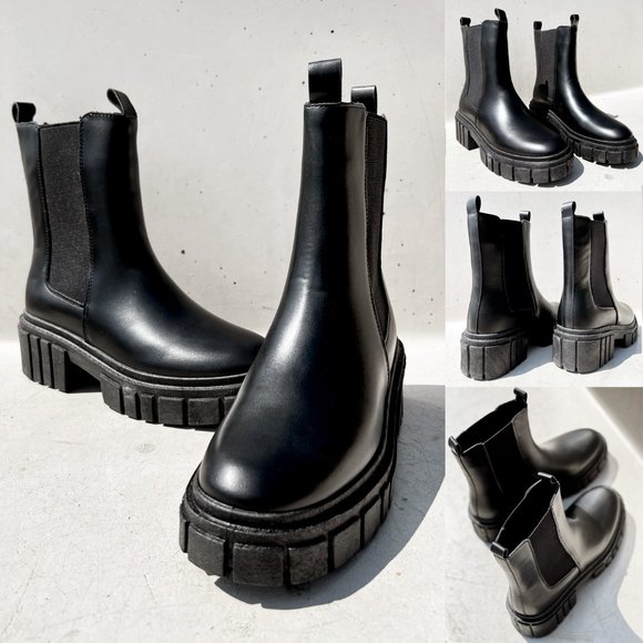 NEW Black Lug Sole Chunky Platform Elastic Ankle Block Heel Chelsea Boot Booties - Picture 8 of 12